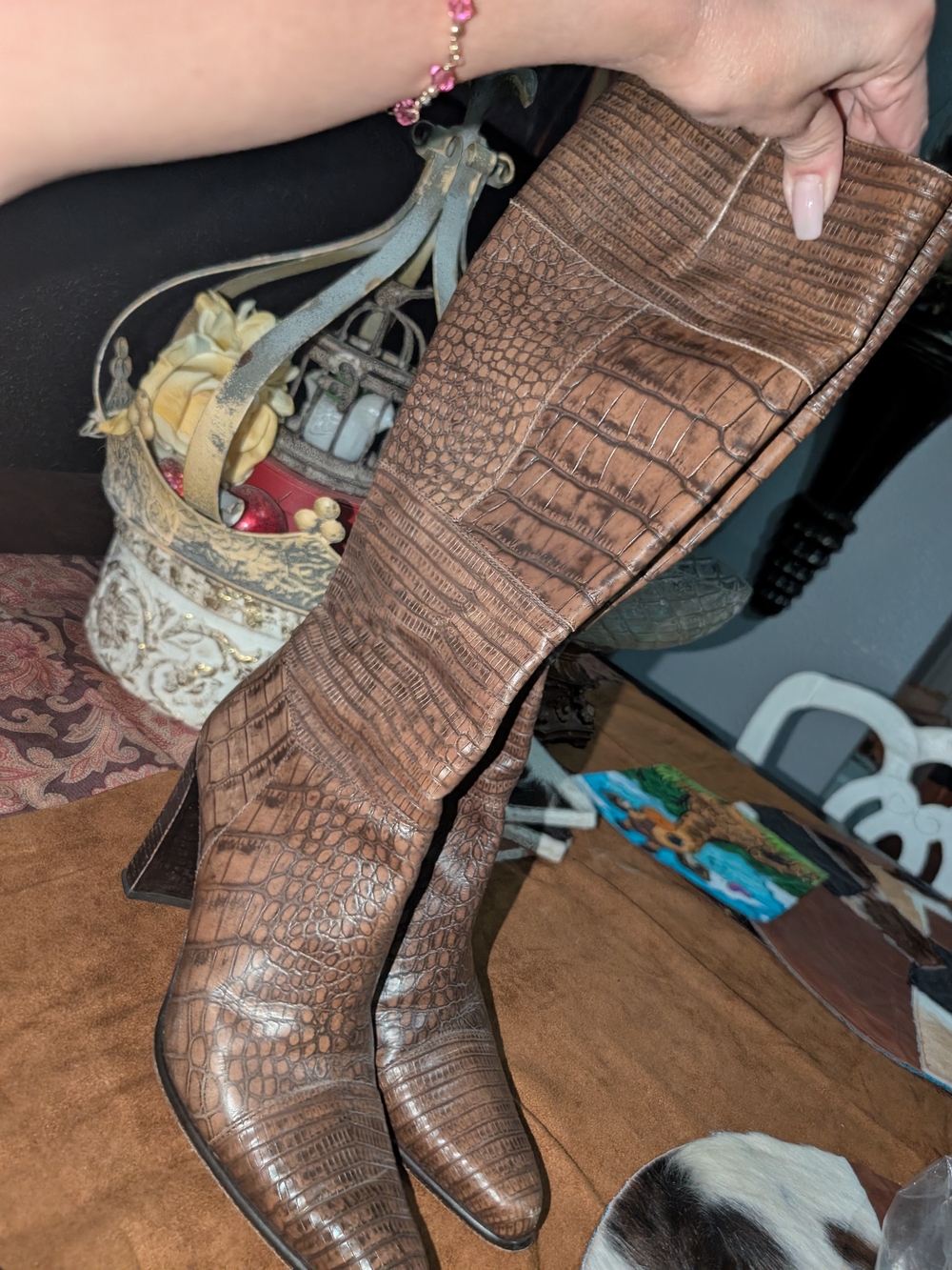 Brown Croc-Embossed Women's Knee Boots